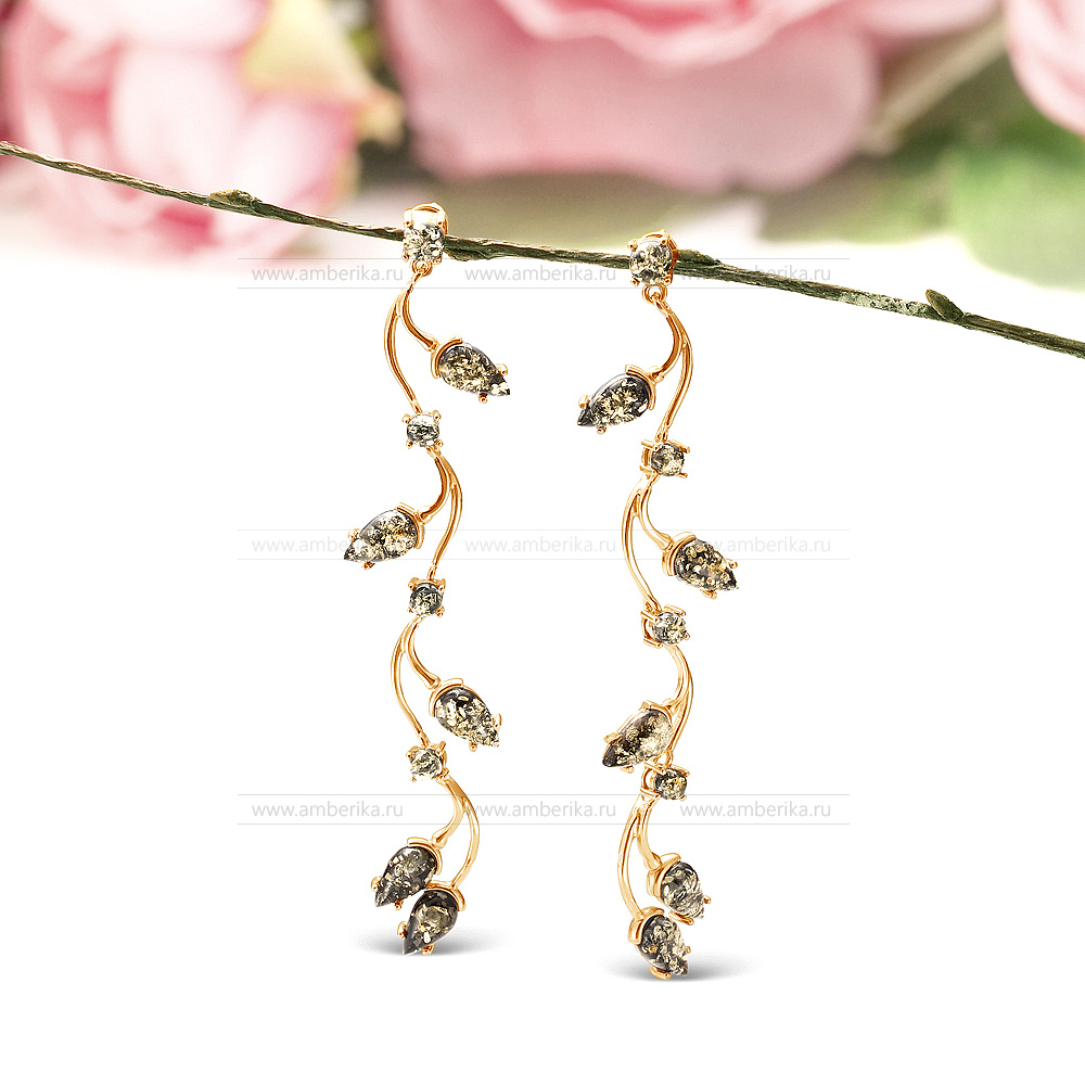 Серьги из серебра 925 пробы, украшенные зеленым балтийским янтарем, артикул 11784