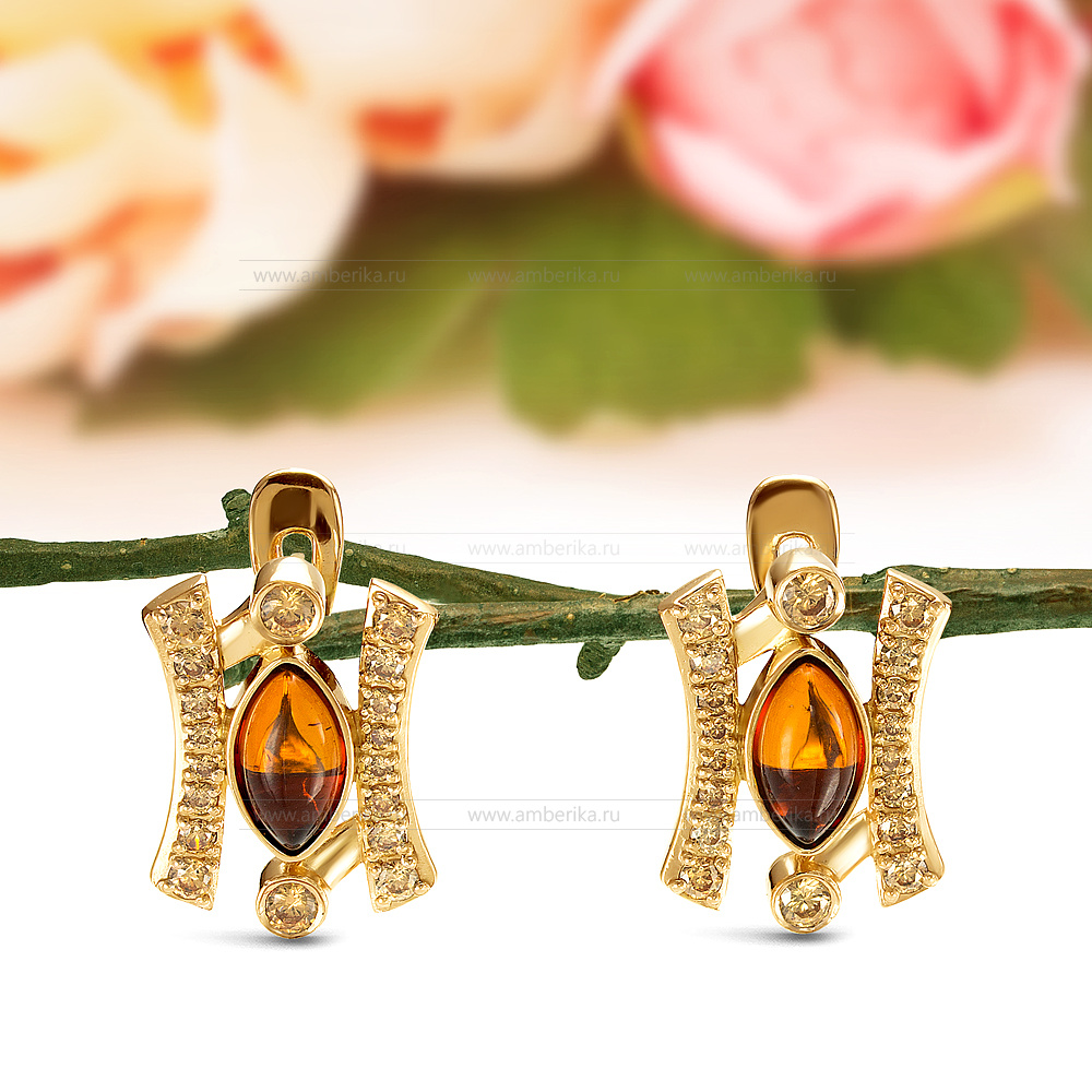 Серьги из серебра 925 пробы с коньячным природным балтийским янтарем, артикул 11638