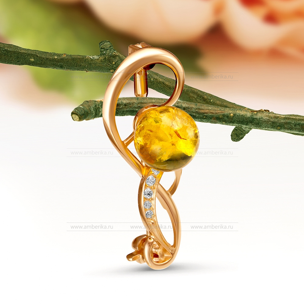 Брошь из серебра 925 пробы с золотистым природным балтийским янтарем, артикул 12481