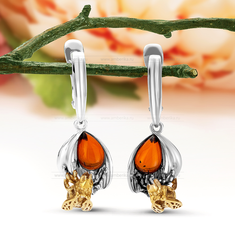 Серьги "Медовые" из серебра 925 пробы с коньячным балтийским янтарем, артикул 12170