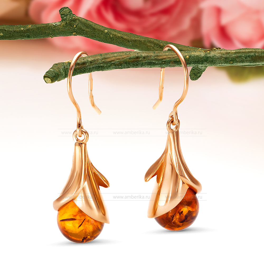 Серьги из серебра 925 пробы с коньячным балтийским янтарем, артикул 12431