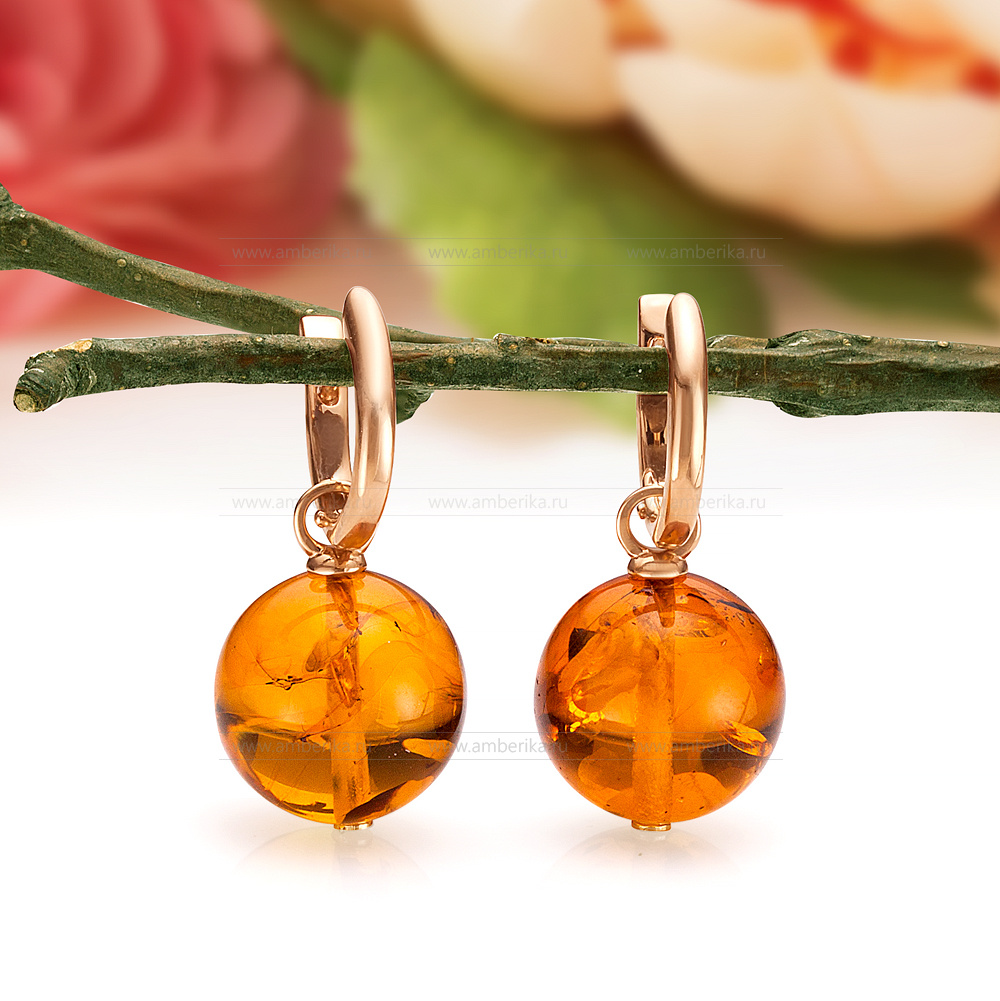 Серьги из золота 585 пробы, украшенные коньячным балтийским янтарем, артикул 2034