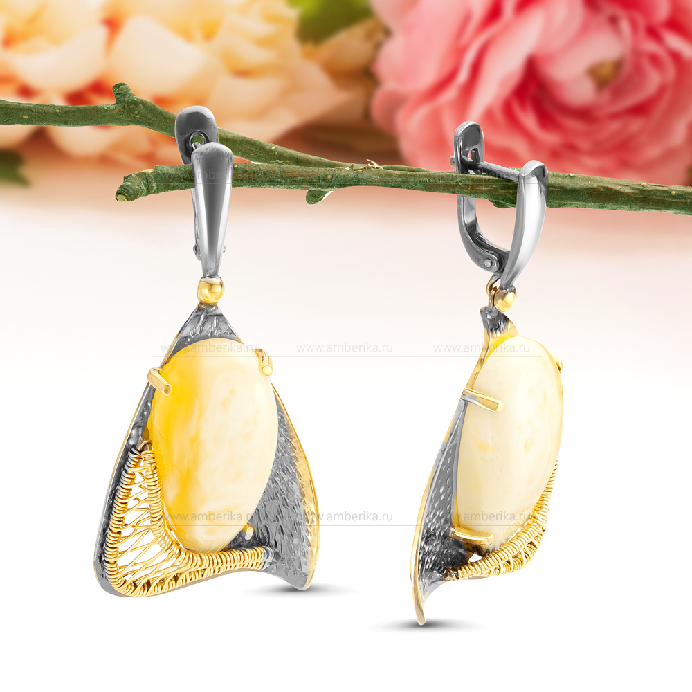 Серьги из серебра, украшенные Императорским природным янтарем, артикул 11707