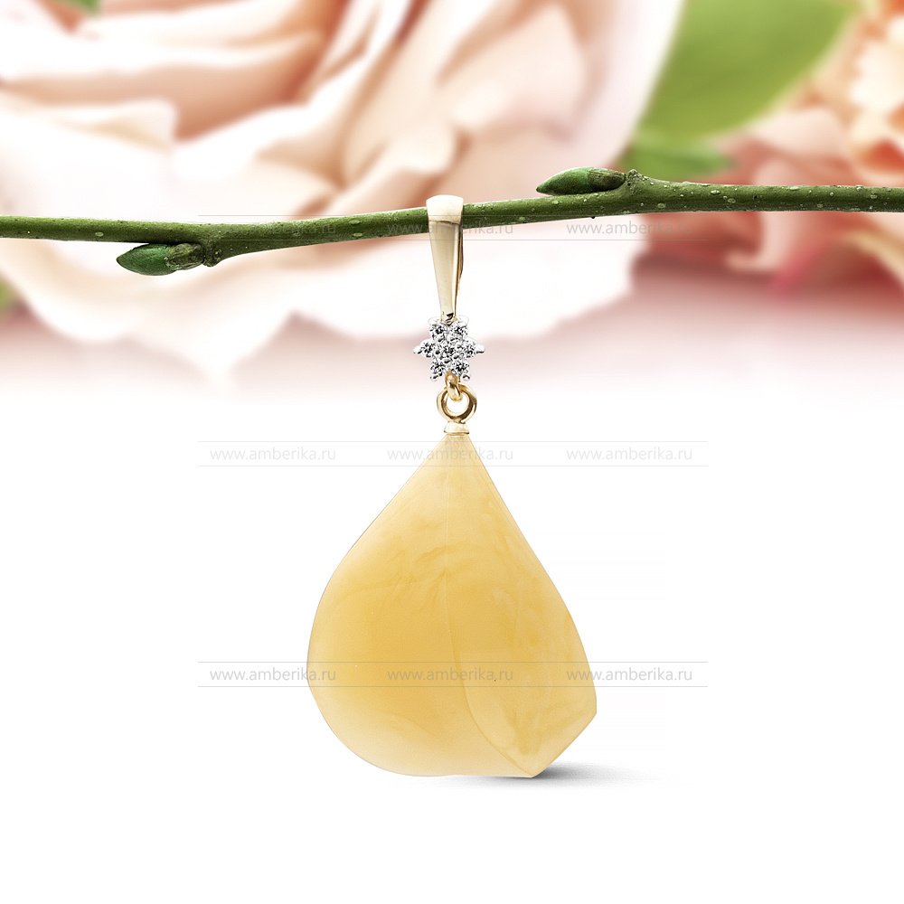 Кулон из серебра 925 пробы, украшенный природным янтарем, артикул 11284