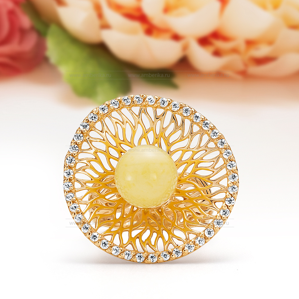 Кольцо из серебра 925 пробы с лимонным природным балтийским янтарем, артикул 10976