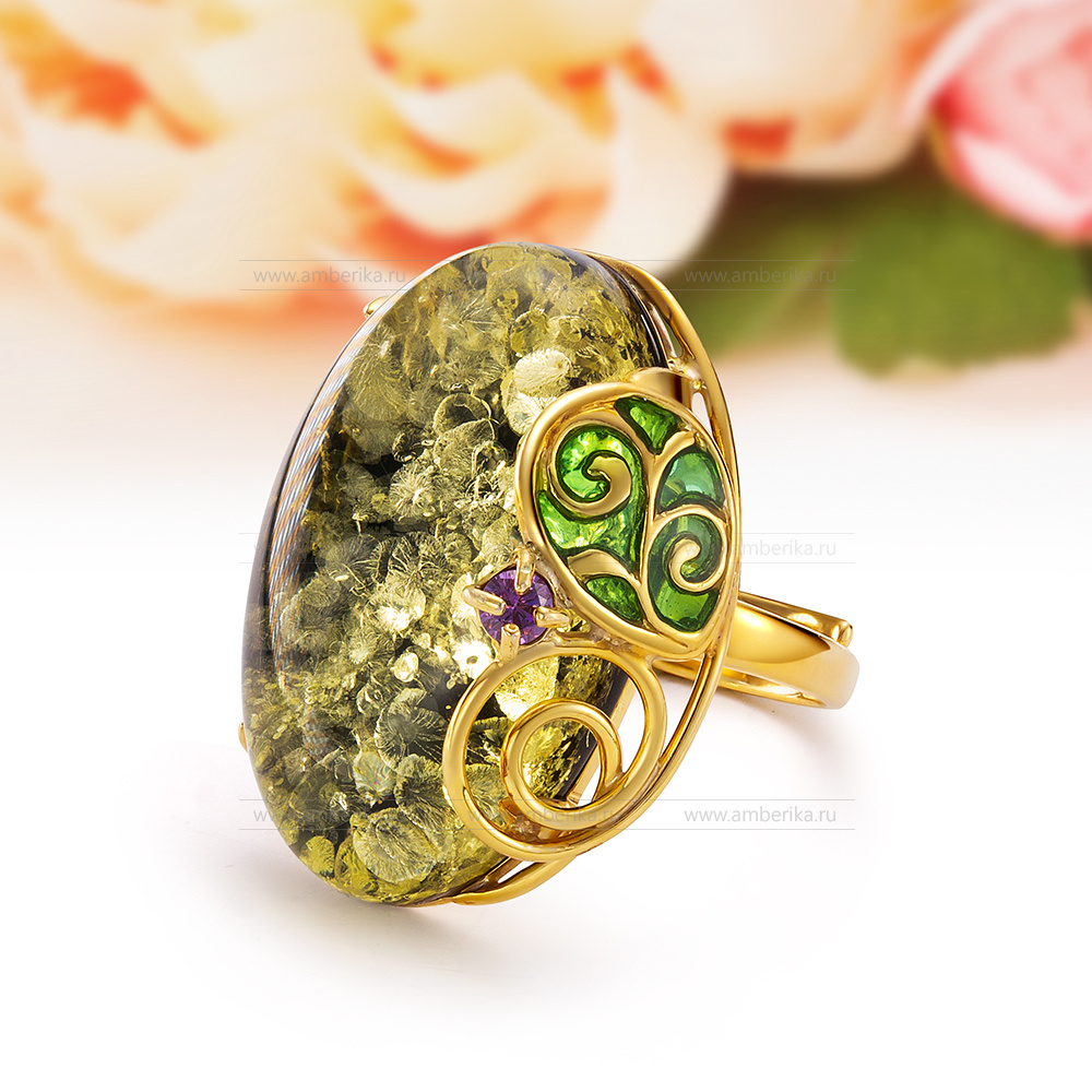 Кольцо из серебра 925 пробы с зеленым природным балтийским янтарем, артикул 12581