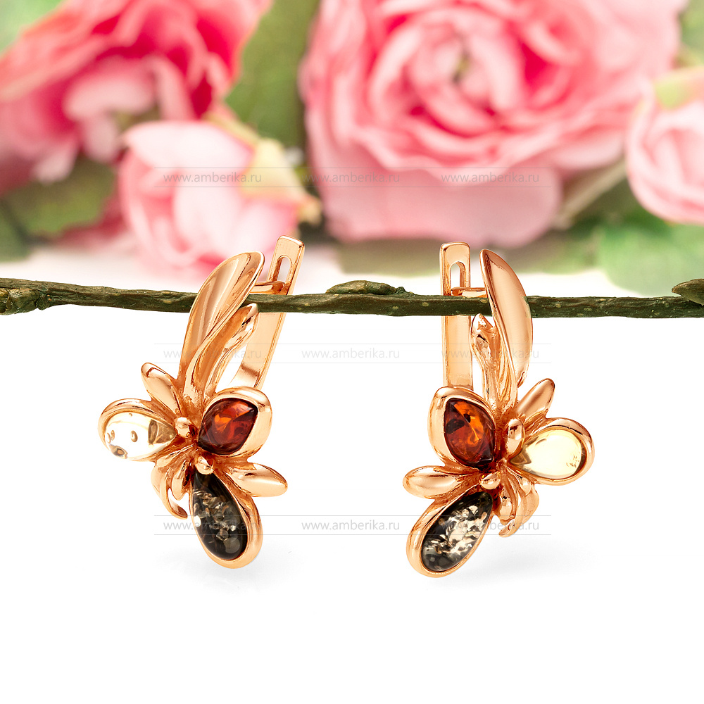 Серьги из серебра 925 пробы, украшенные природным янтарем "микс", артикул 10991