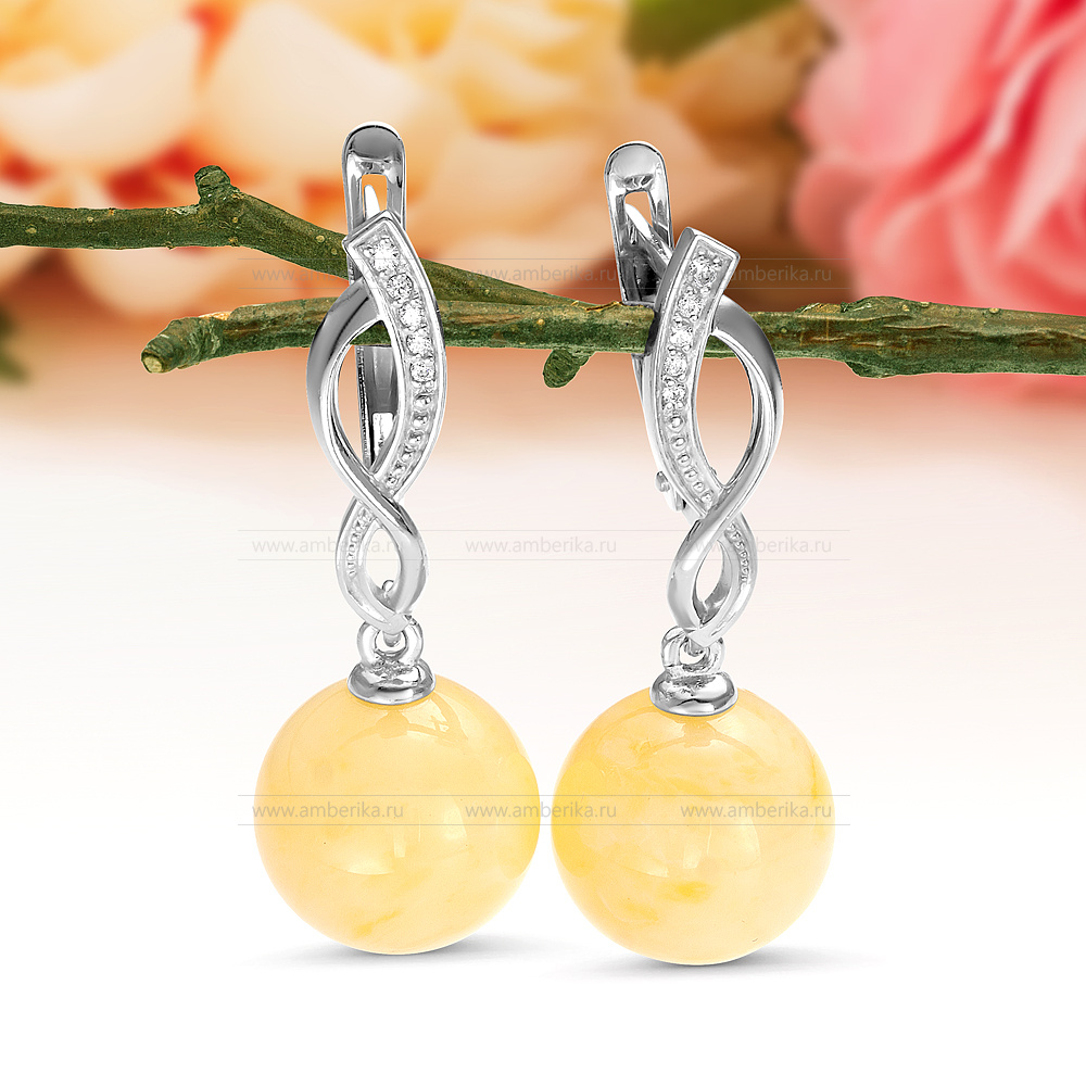 Серьги из серебра 925 пробы с лимонным балтийским янтарем, артикул 12392