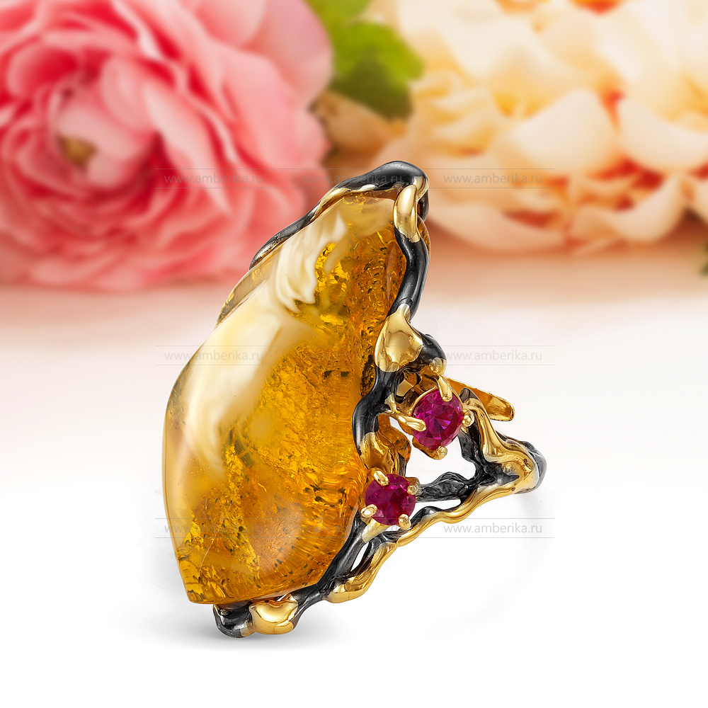 Кольцо из серебра 925 пробы с лимонным балтийским янтарем, артикул 11011