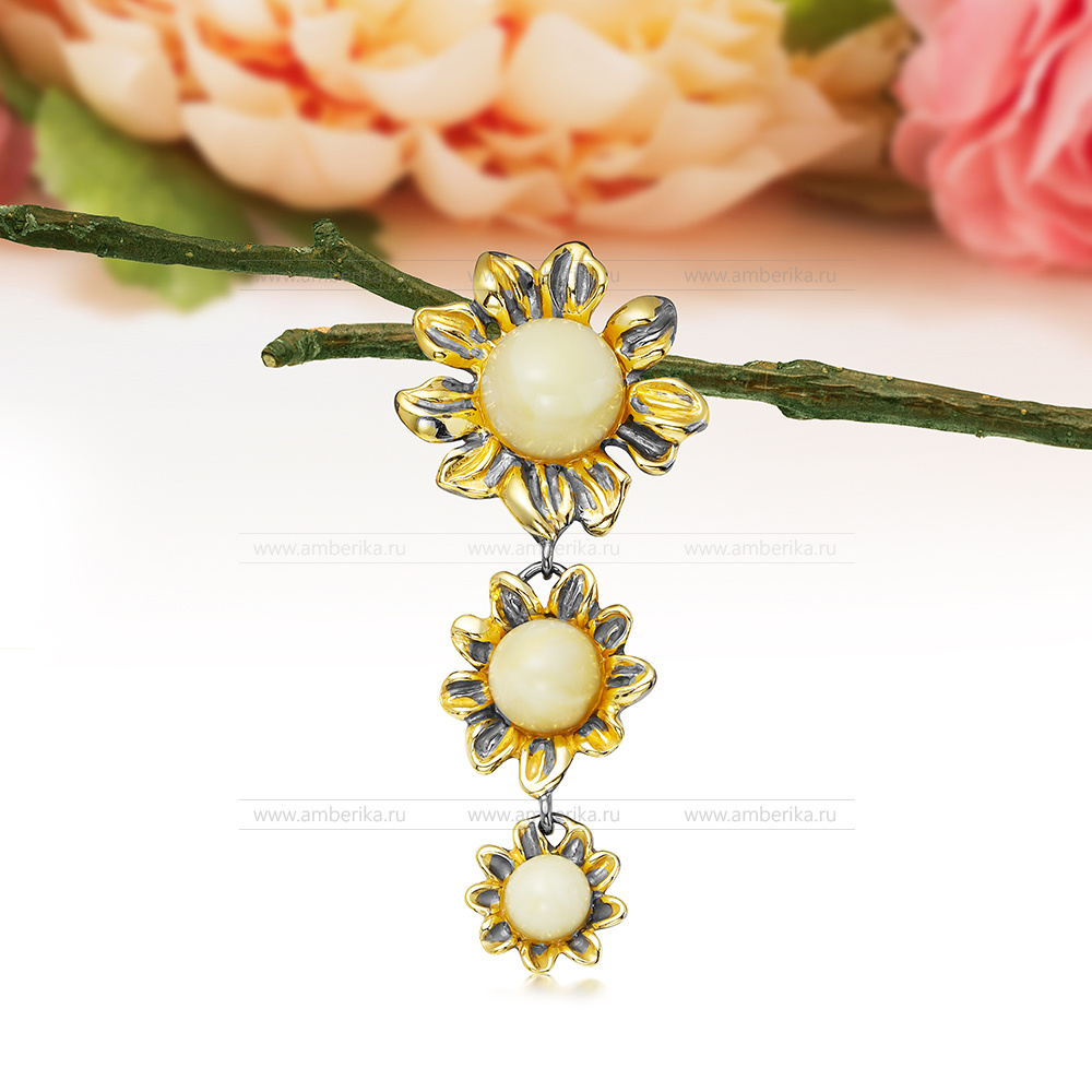 Кулон "Подсолнух" из серебра с лимонным балтийским янтарем, артикул 11671