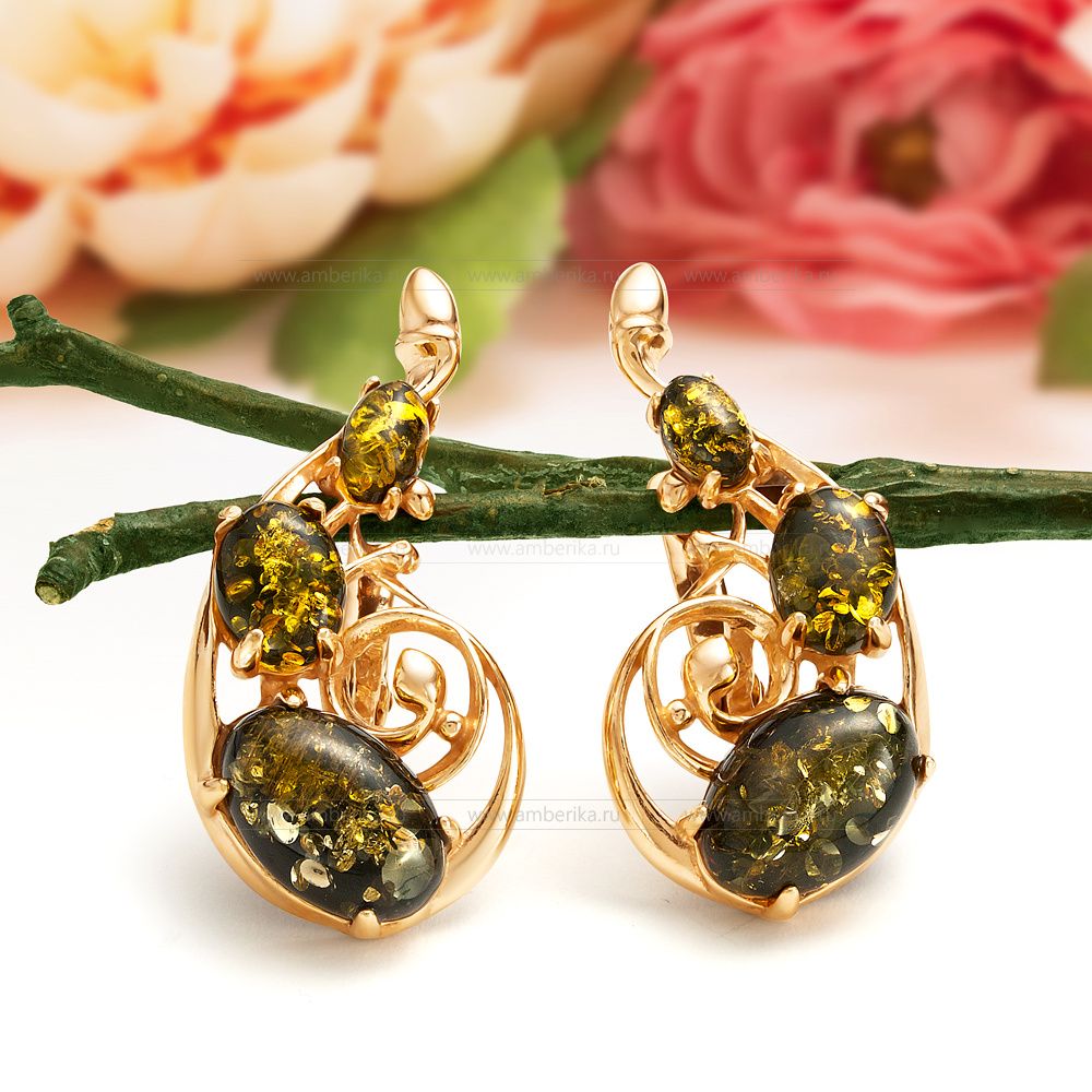 Серьги из серебра 925 пробы с зеленым природным балтийским янтарем, артикул 11759