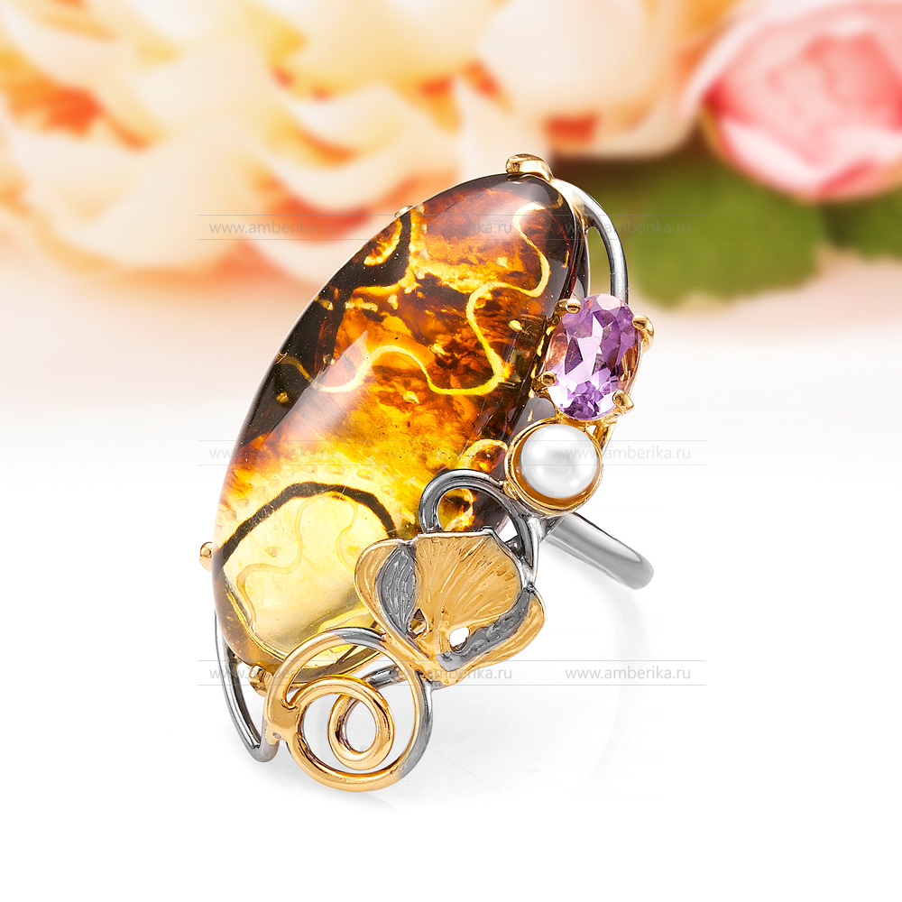 Кольцо "Бриджит" из серебра 925 пробы с золотистым янтарем, артикул 11570