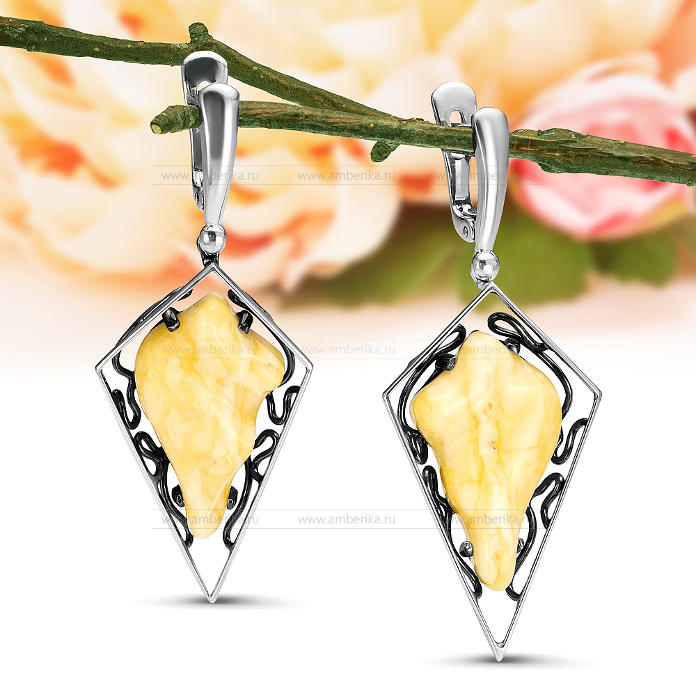 Серьги из серебра 925 пробы с лимонным балтийским янтарем, артикул 12338