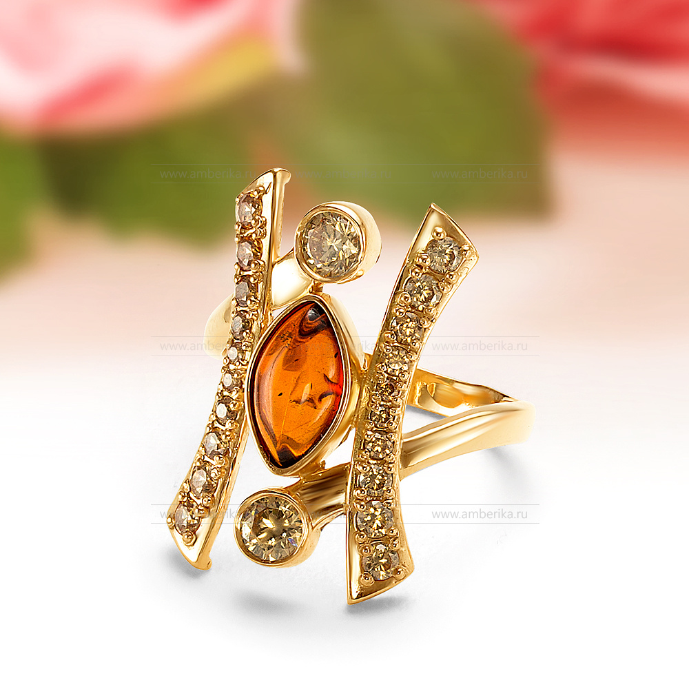 Кольцо из серебра 925 пробы с коньячным балтийским янтарем, артикул 11846