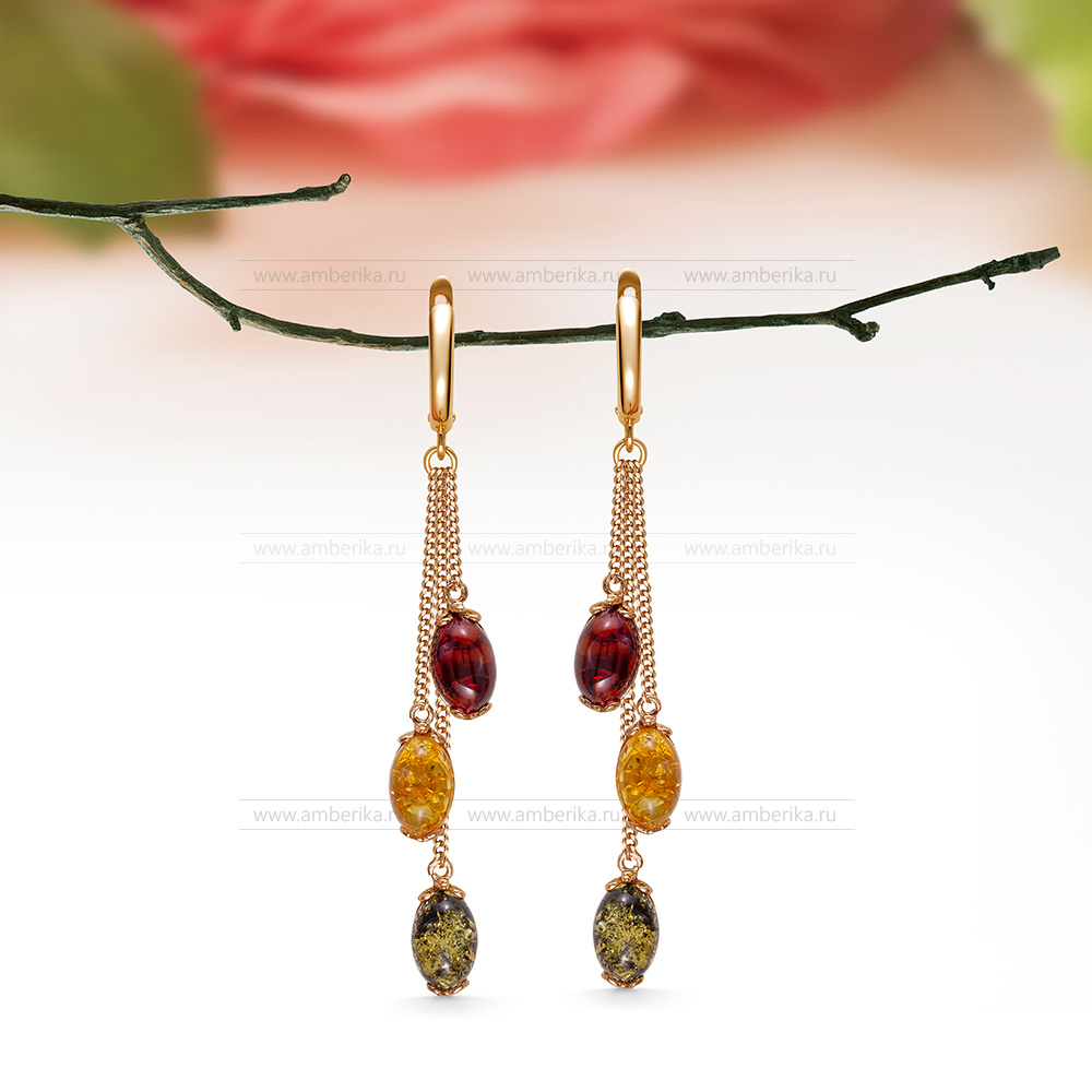 Серьги "Фаберже" из серебра 925 пробы с природным янтарем "микс", артикул 12380