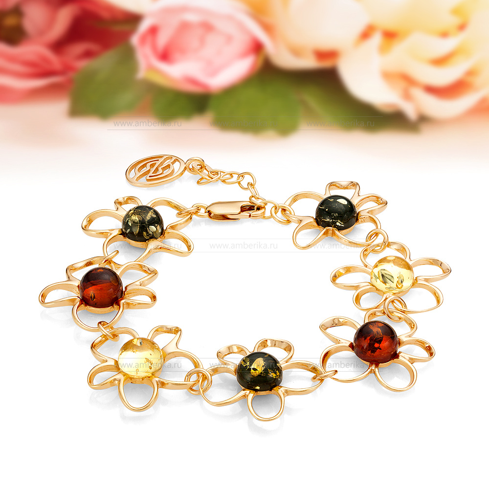 Браслет из натурального балтийского янтаря "микс" в серебре, артикул 12122