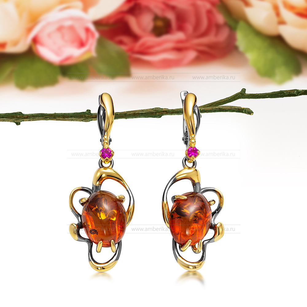 Серьги "Ажур" из серебра 925 пробы с коньячным балтийским янтарем, артикул 12302