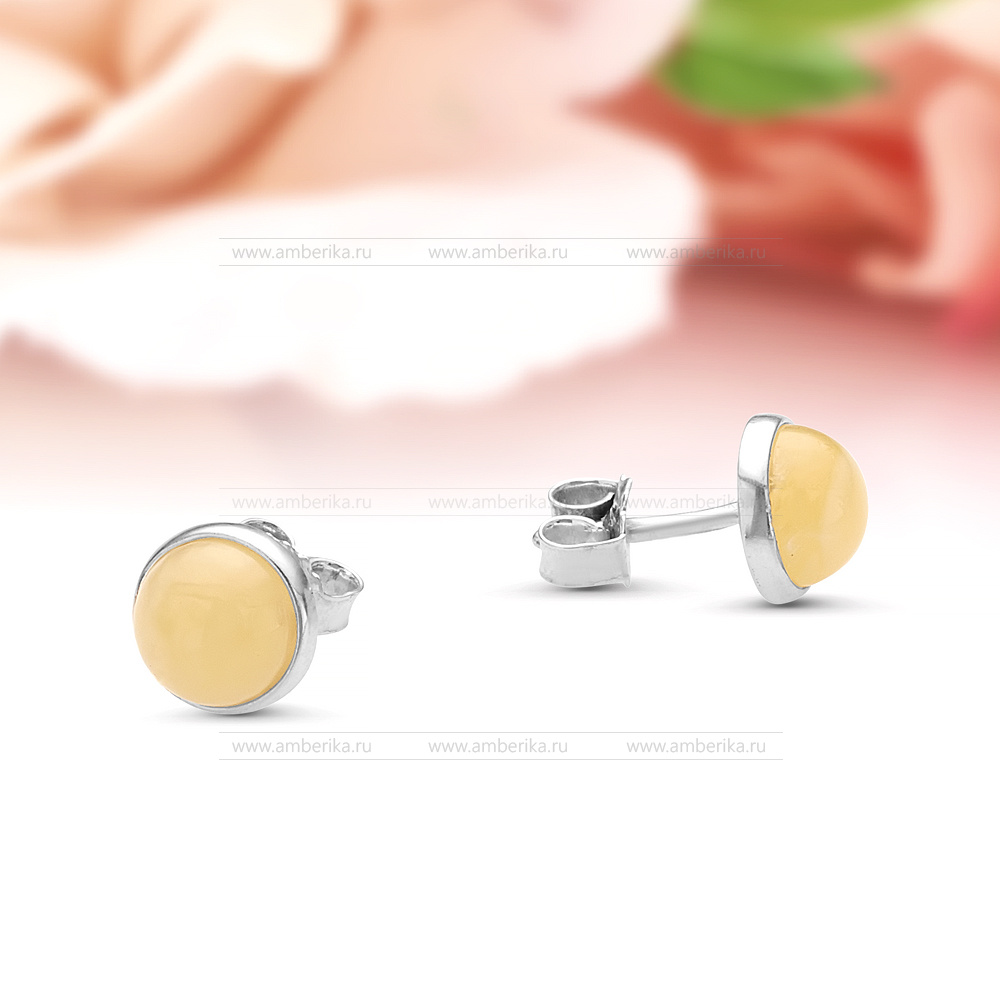 Пуссеты из серебра 925 пробы, украшенные лимонным янтарем, артикул 11256