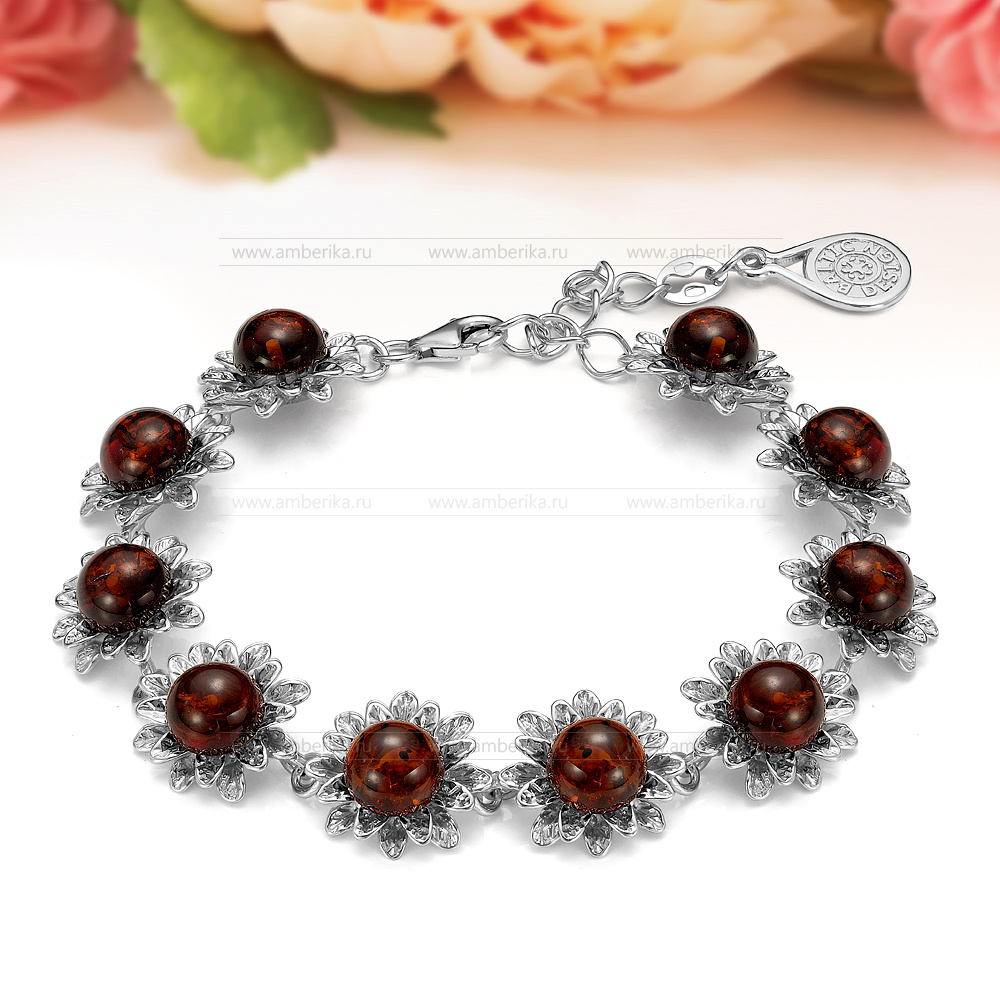 Браслет из коньячного балтийского янтаря в серебре 925 пробы, артикул 12352