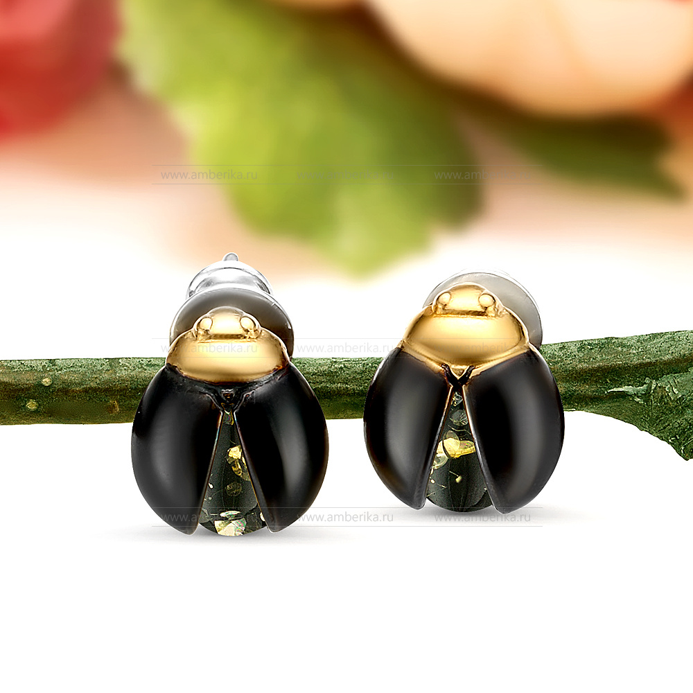 Серьги "Жуки" из серебра 925 пробы с зеленым балтийским янтарем, артикул 12192