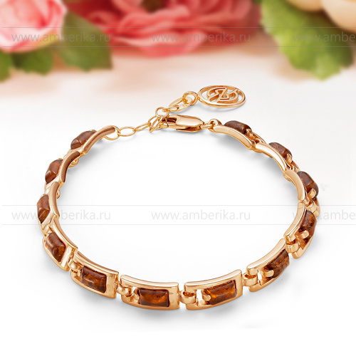 Браслет из серебра с позолотой с коньячным балтийским янтарем, артикул 11684