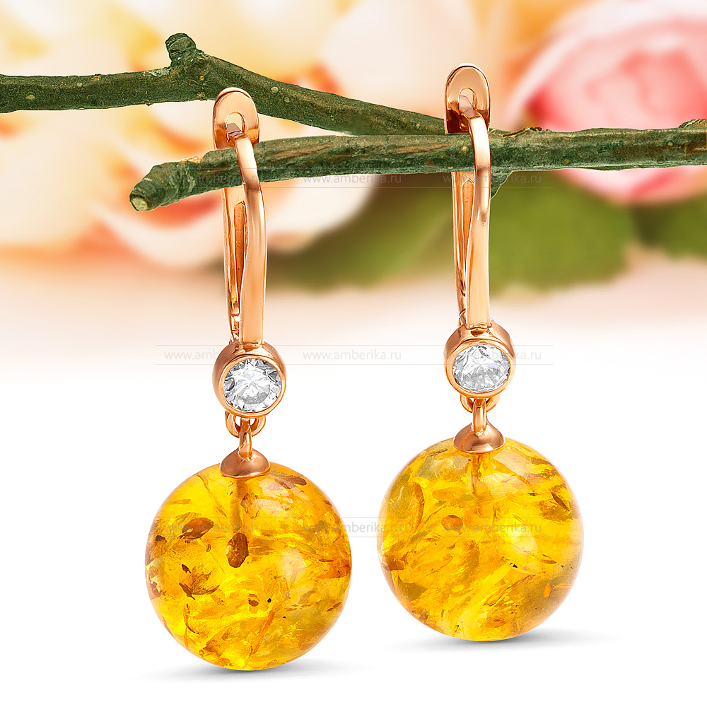 Серьги из серебра 925 пробы с золотистым балтийским янтарем, артикул 12422