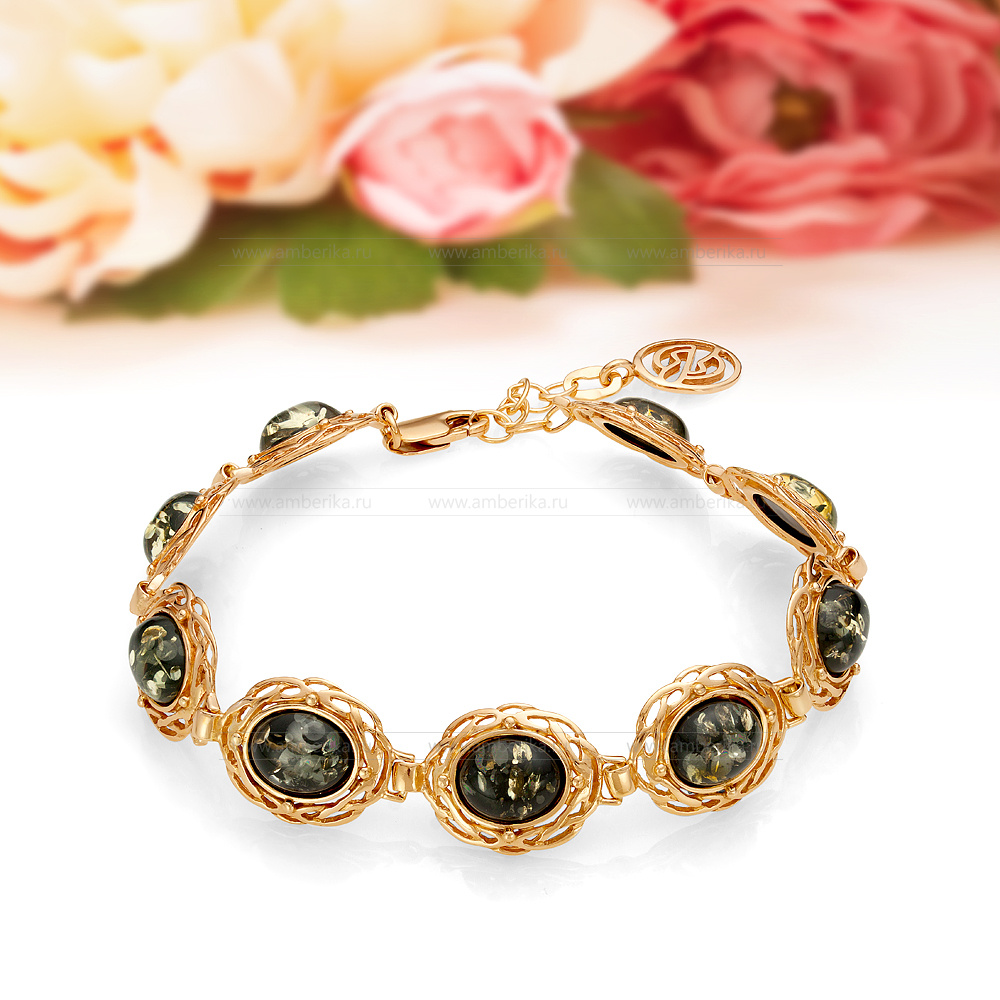 Браслет из зеленого балтийского янтаря в серебре 925 пробы, артикул 12116