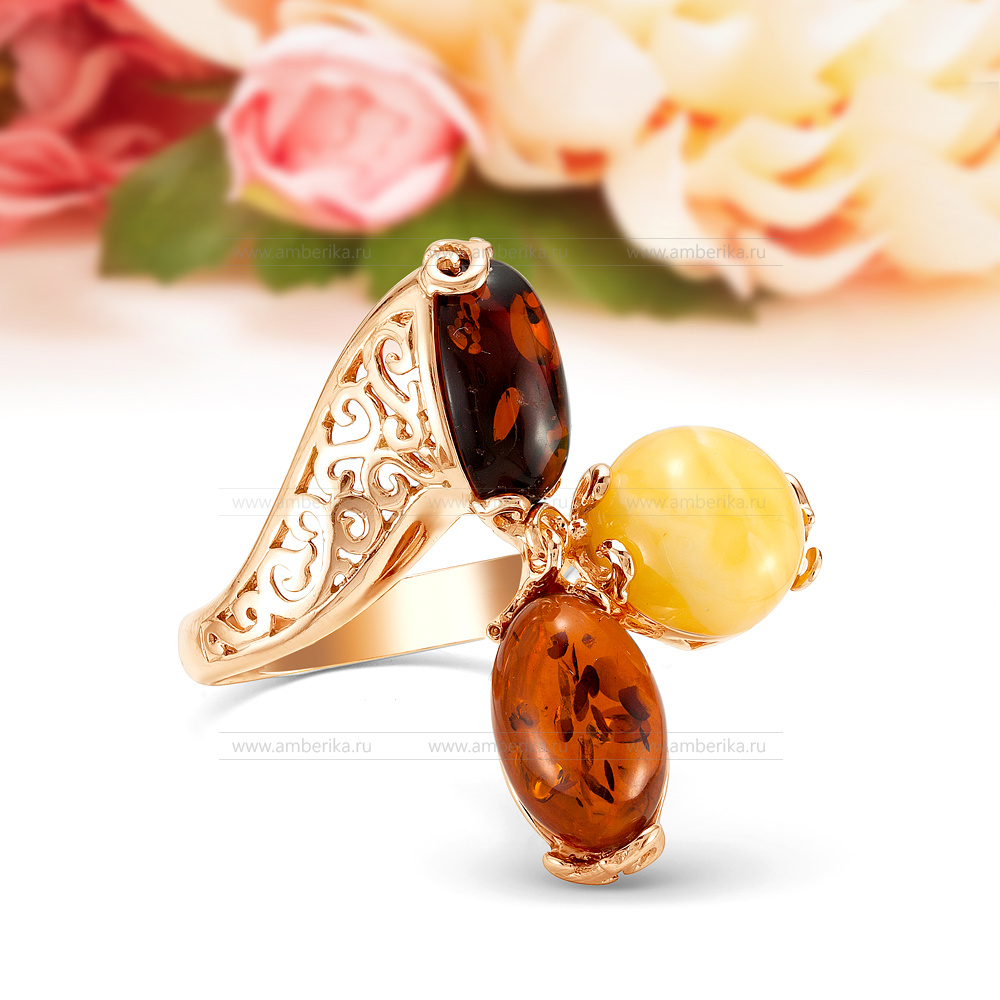 Кольцо "Фаберже" из серебра 925 пробы с балтийским янтарем "микс", артикул 11001