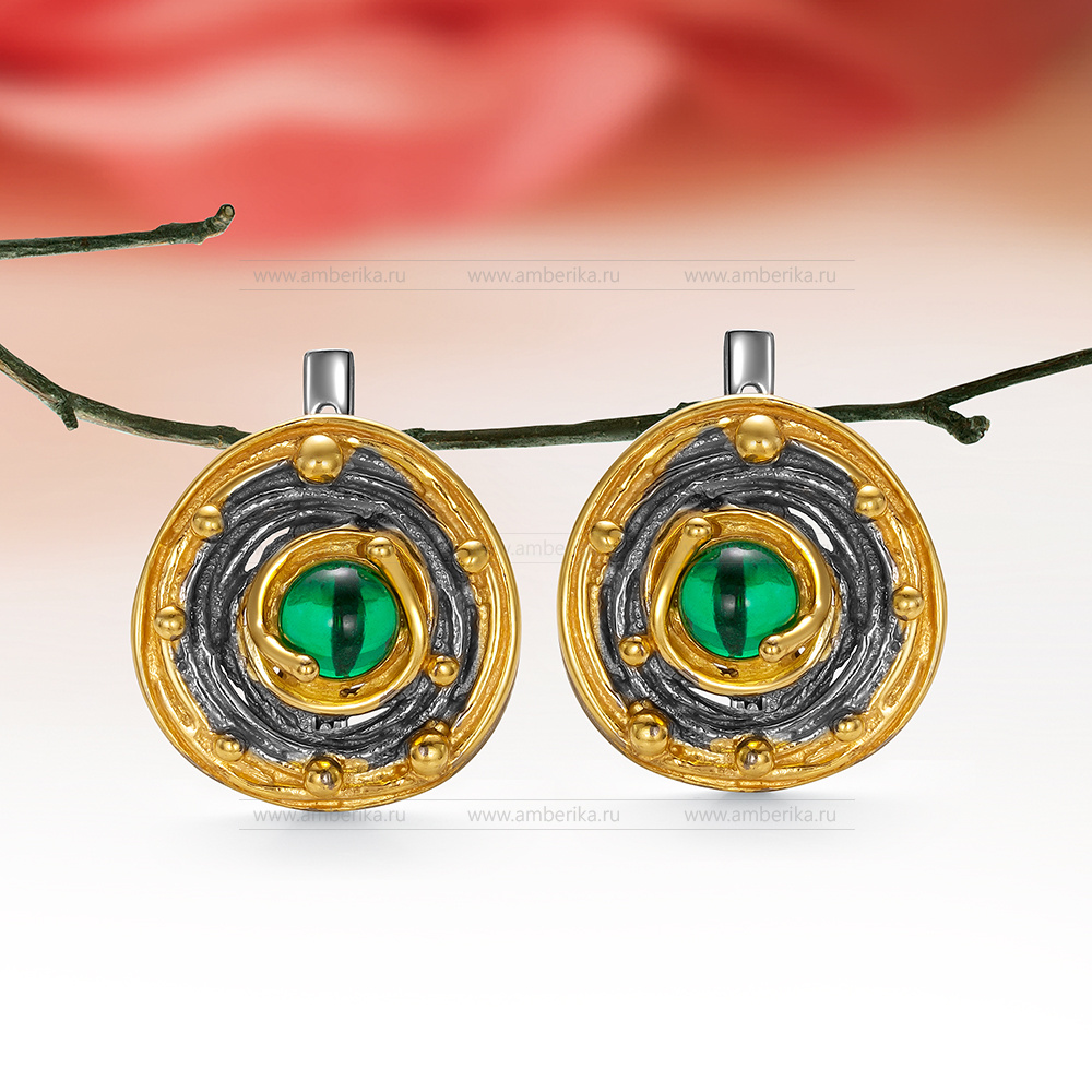 Серьги из серебра 925 пробы с зеленым природным балтийским янтарем, артикул 12195
