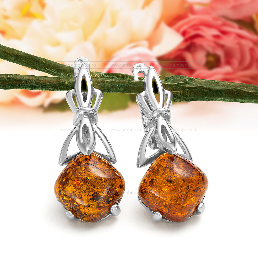 Серьги из серебра с природным балтийским янтарем, артикул 11915