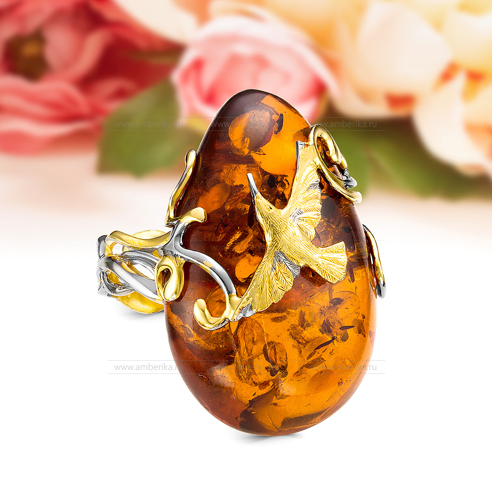Кольцо "Буревестник" из серебра 925 пробы с коньячным янтарем, артикул 11574