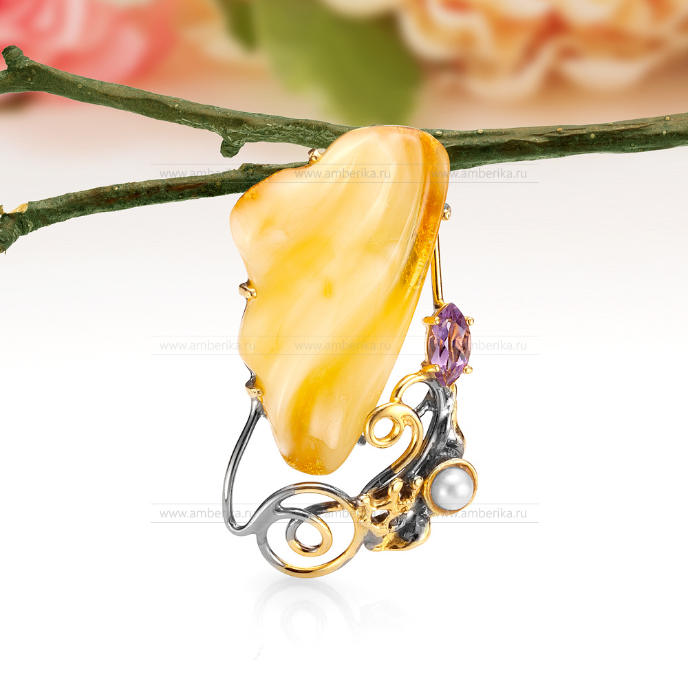 Кулон "Вивальди" из серебра 925 пробы с природным янтарем, артикул 11466