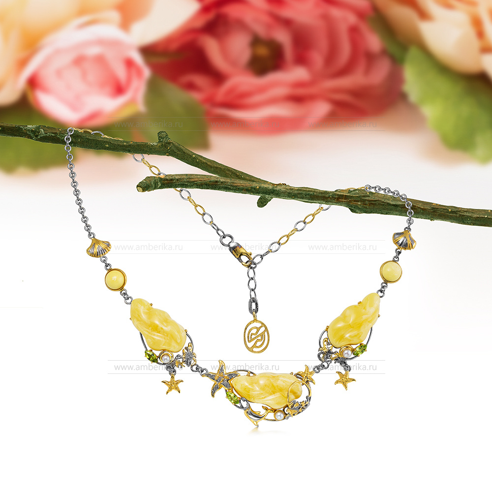 Колье из серебра, украшенное лимонным балтийским янтарем, артикул 12549