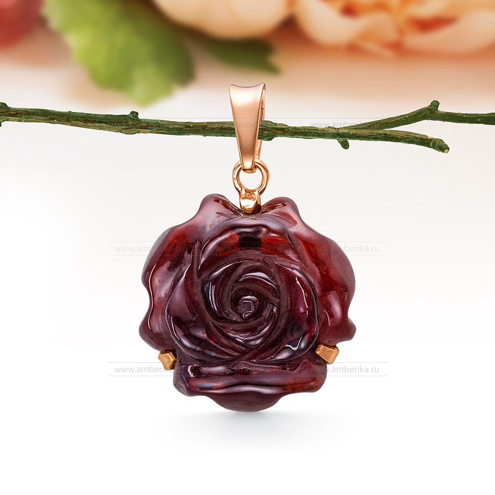 Кулон "Роза" из серебра 925 пробы с вишневым природным балтийским янтарем, артикул 12619