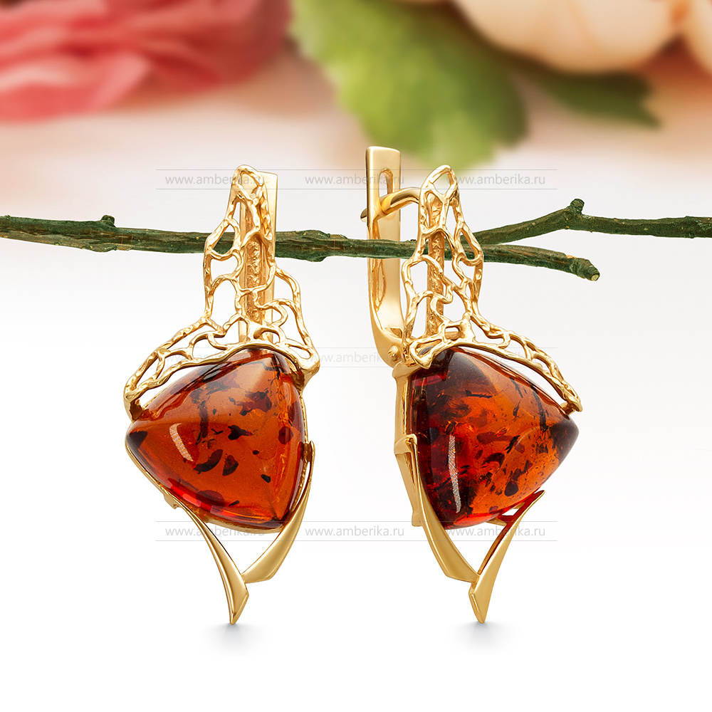 Серьги из серебра 925 пробы с красным природным балтийским янтарем, артикул 12582