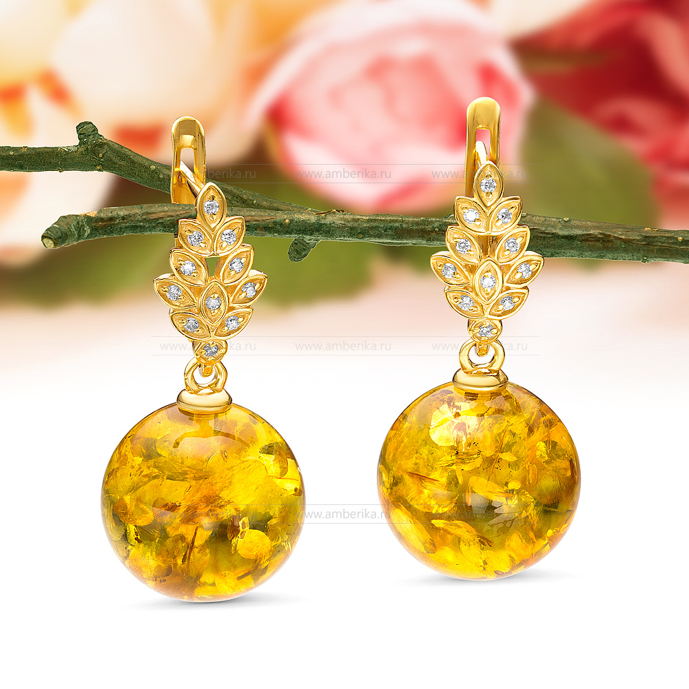 Серьги из серебра 925 пробы с золотистым балтийским янтарем, артикул 11413