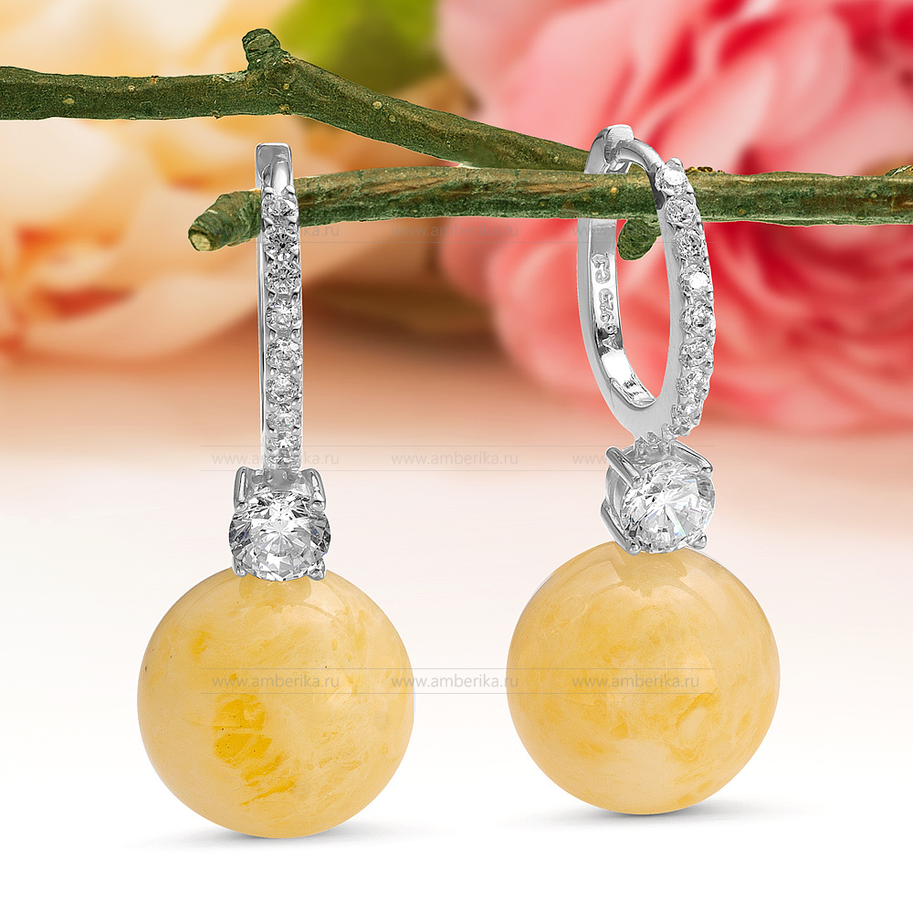 Серьги из серебра 925 пробы с лимонным балтийским янтарем, артикул 12404