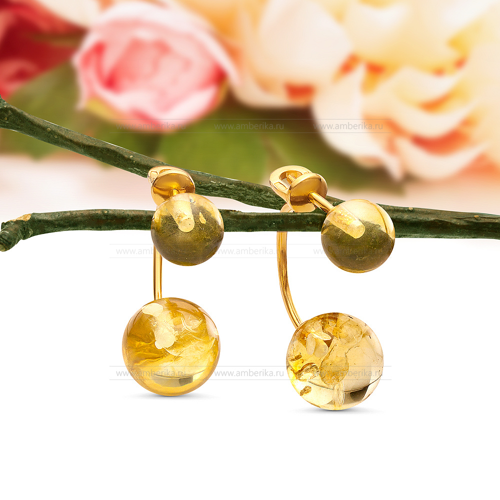 Пусеты "Диор" из серебра 925 пробы, украшенные золотистым янтарем, артикул 11510