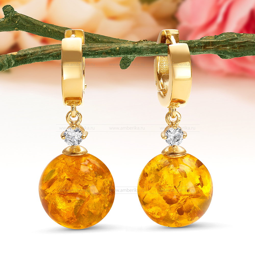 Серьги из серебра 925 пробы с золотистым балтийским янтарем, артикул 12432
