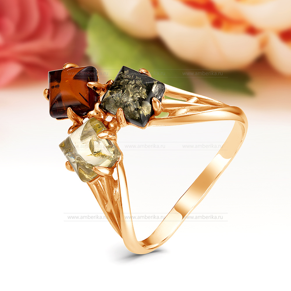 Кольцо из серебра 925 пробы с природным балтийским янтарем "микс", артикул 12039