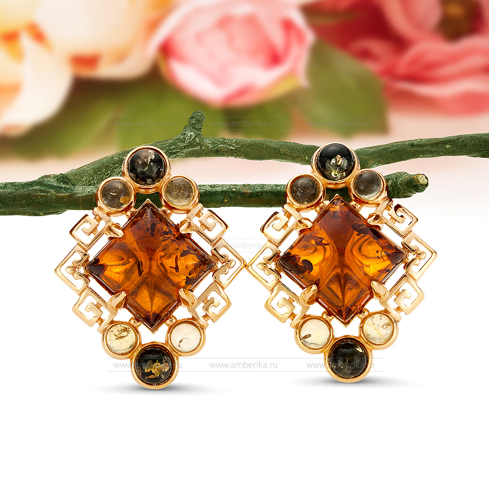 Серьги из серебра 925 пробы с природным балтийским янтарем "микс", артикул 12098