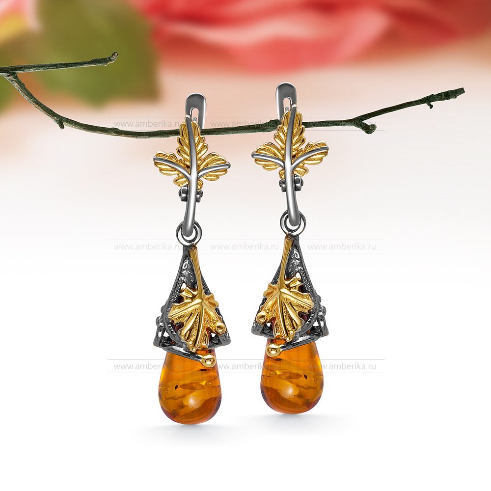 Серьги из серебра 925 пробы с коньячным природным балтийским янтарем, артикул 12598