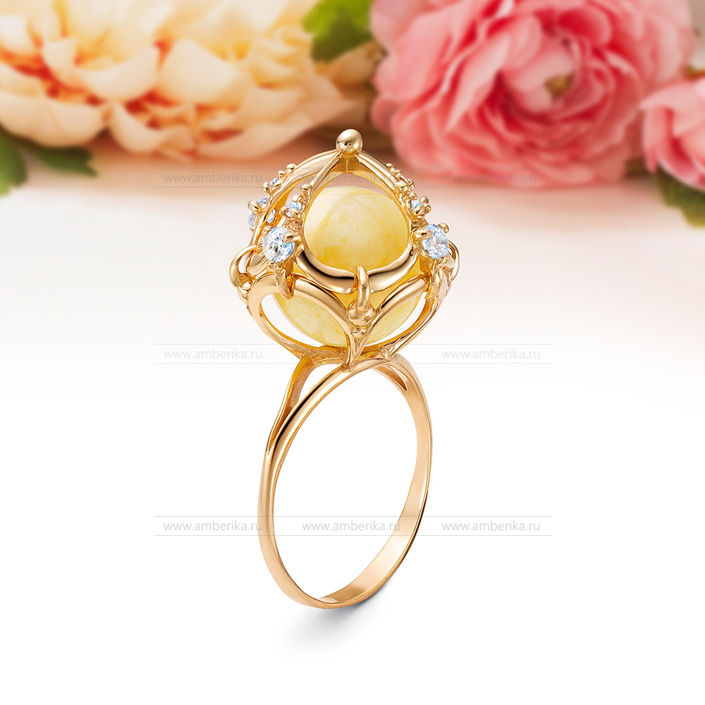 Кольцо из серебра 925 пробы с лимонным природным балтийским янтарем, артикул 11152