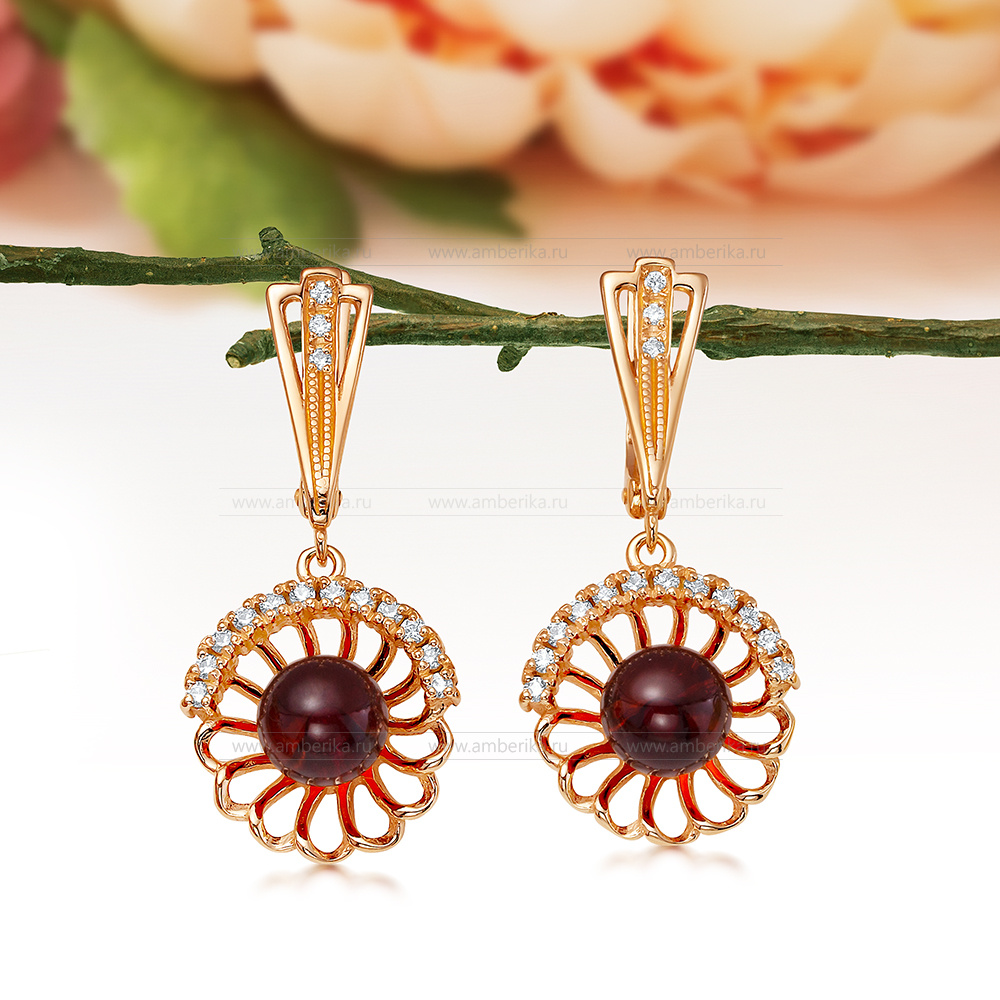 Серьги из серебра 925 пробы с коньячным балтийским янтарем, артикул 11914