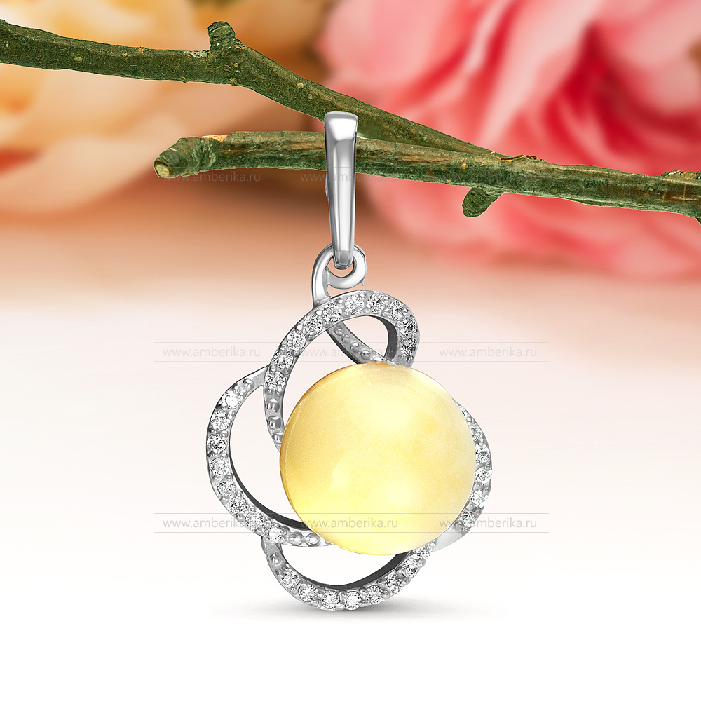 Кулон из серебра 925 пробы, украшенный природным янтарем, артикул 10771
