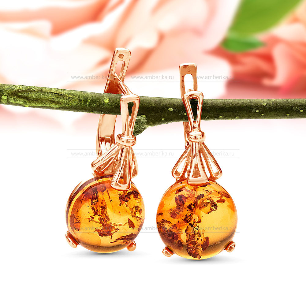 Серьги из серебра 925 пробы с коньячным балтийским янтарем, артикул 11245