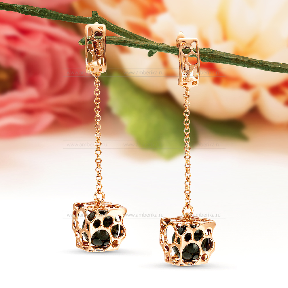 Серьги "Эдам" из серебра 925 пробы с черным балтийским янтарем, артикул 12316