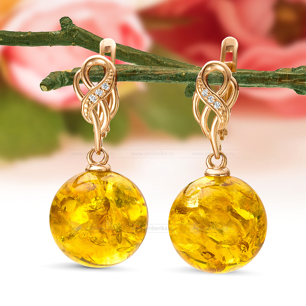Серьги из серебра 925 пробы, украшенные золотистым янтарем, артикул 11252