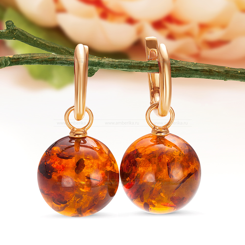 Серьги из серебра 925 пробы с коньячным балтийским янтарем, артикул 12439