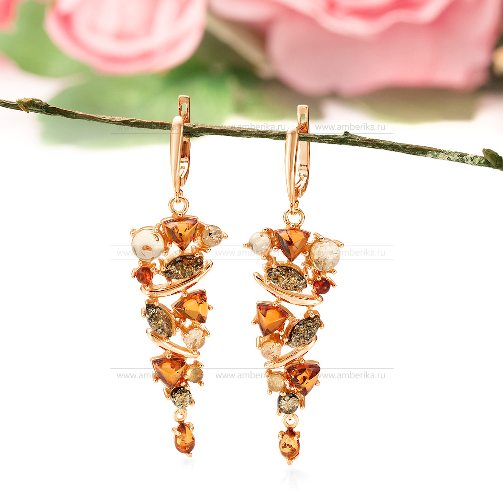 Серьги "Кокетка" из серебра 925 пробы, украшенные янтарем цвета "микс", артикул 11381